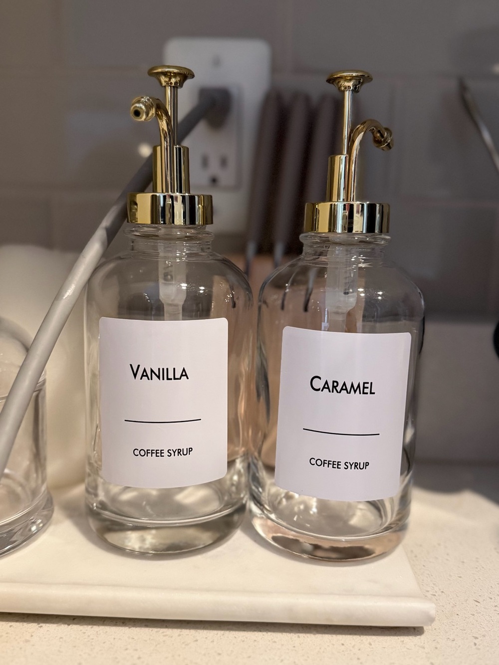 Coffee Syrup Dispenser Bottles (Set of 2)–Glass w/ Gold Pumps + Extra Labels NWT - Picture 3 of 5